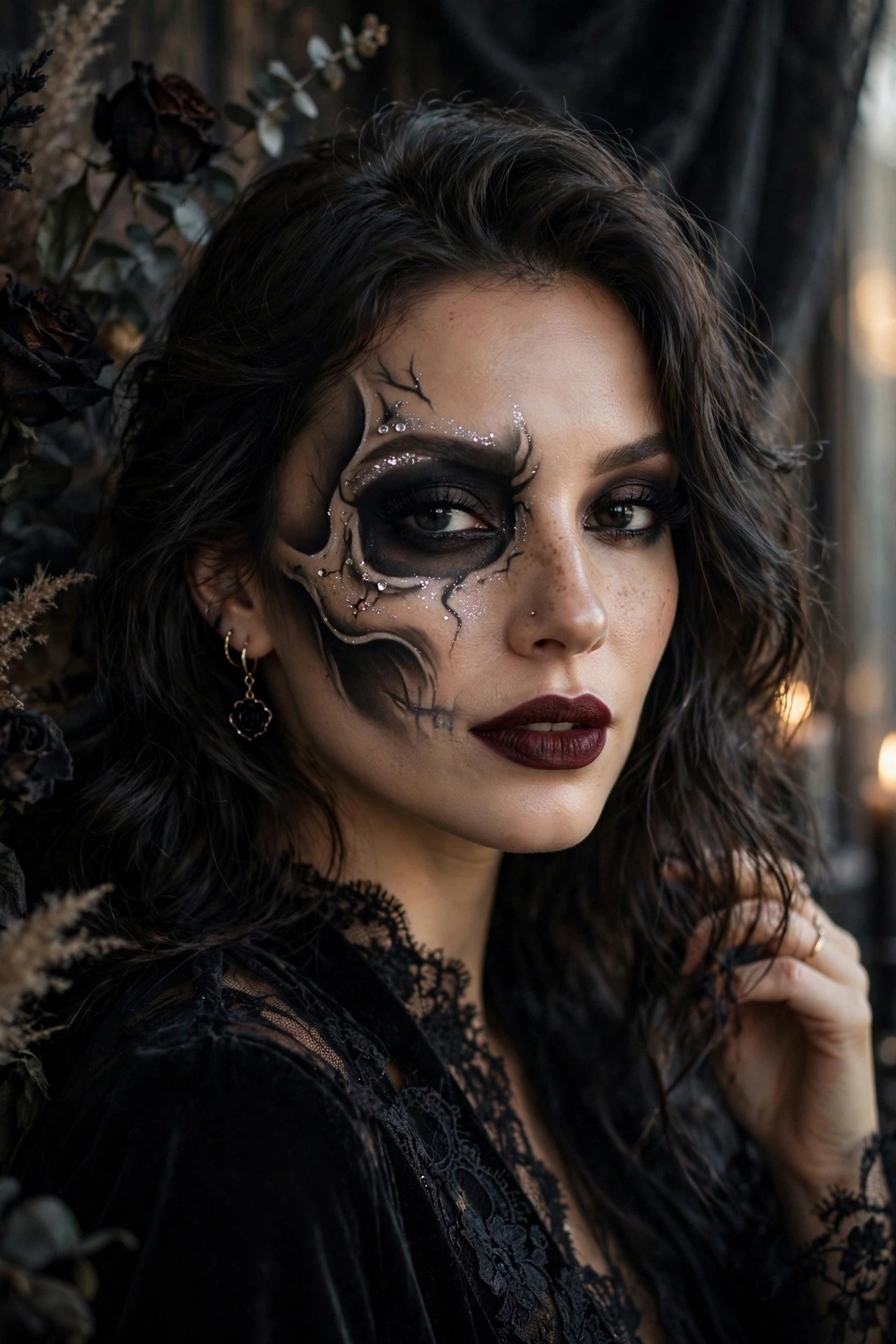Cute clown Halloween makeup with red nose and heart details