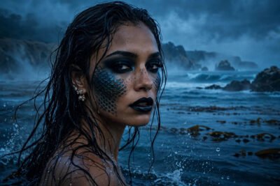 Woman with evil mermaid Halloween makeup, dark siren scales, and black lips under moody blue lighting