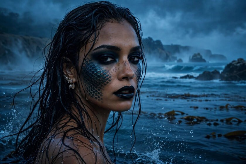 Woman with evil mermaid Halloween makeup, dark siren scales, and black lips under moody blue lighting