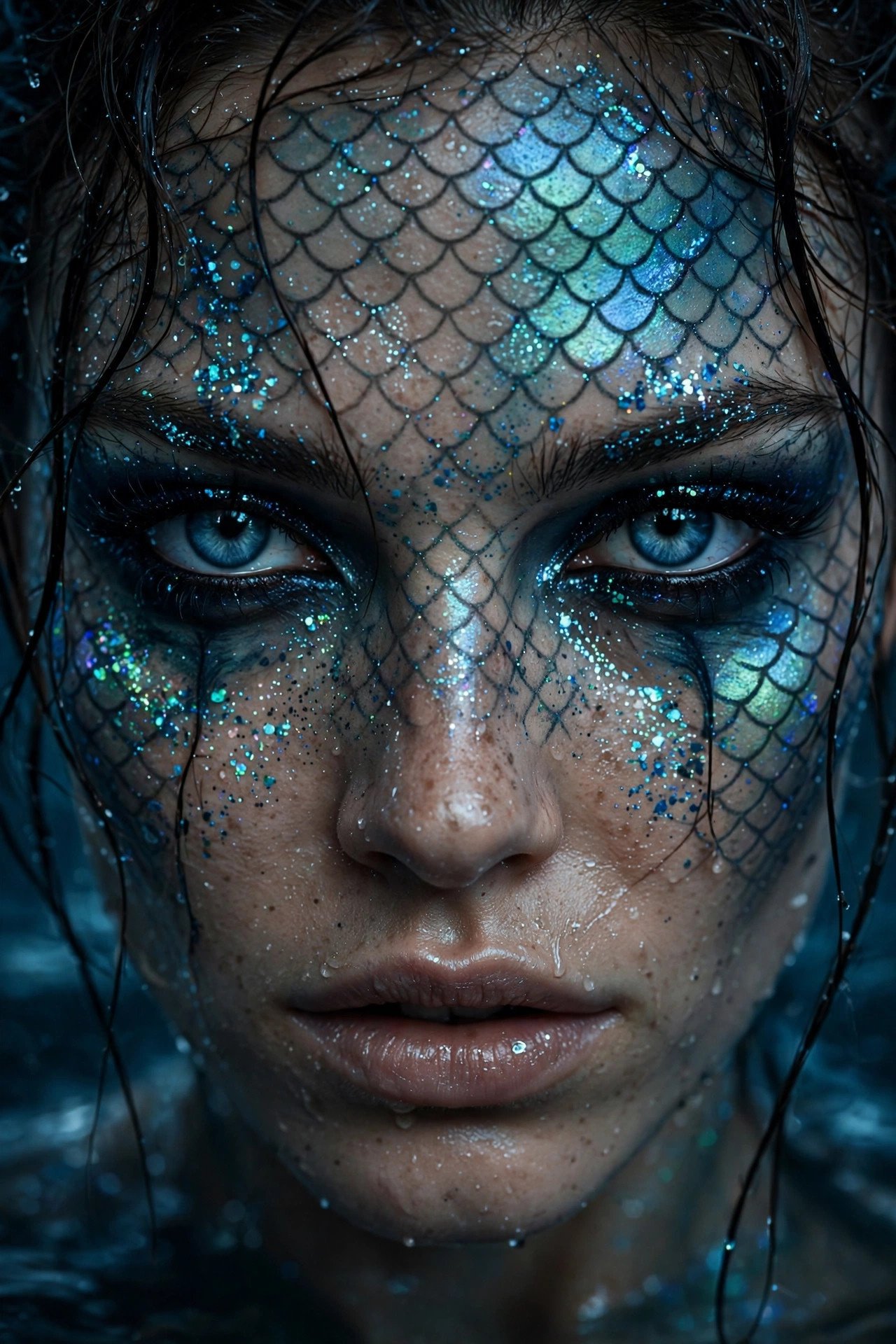 Close-up of evil mermaid makeup with fishnet-stencil scales, iridescent glitter, and dramatic ocean eyes