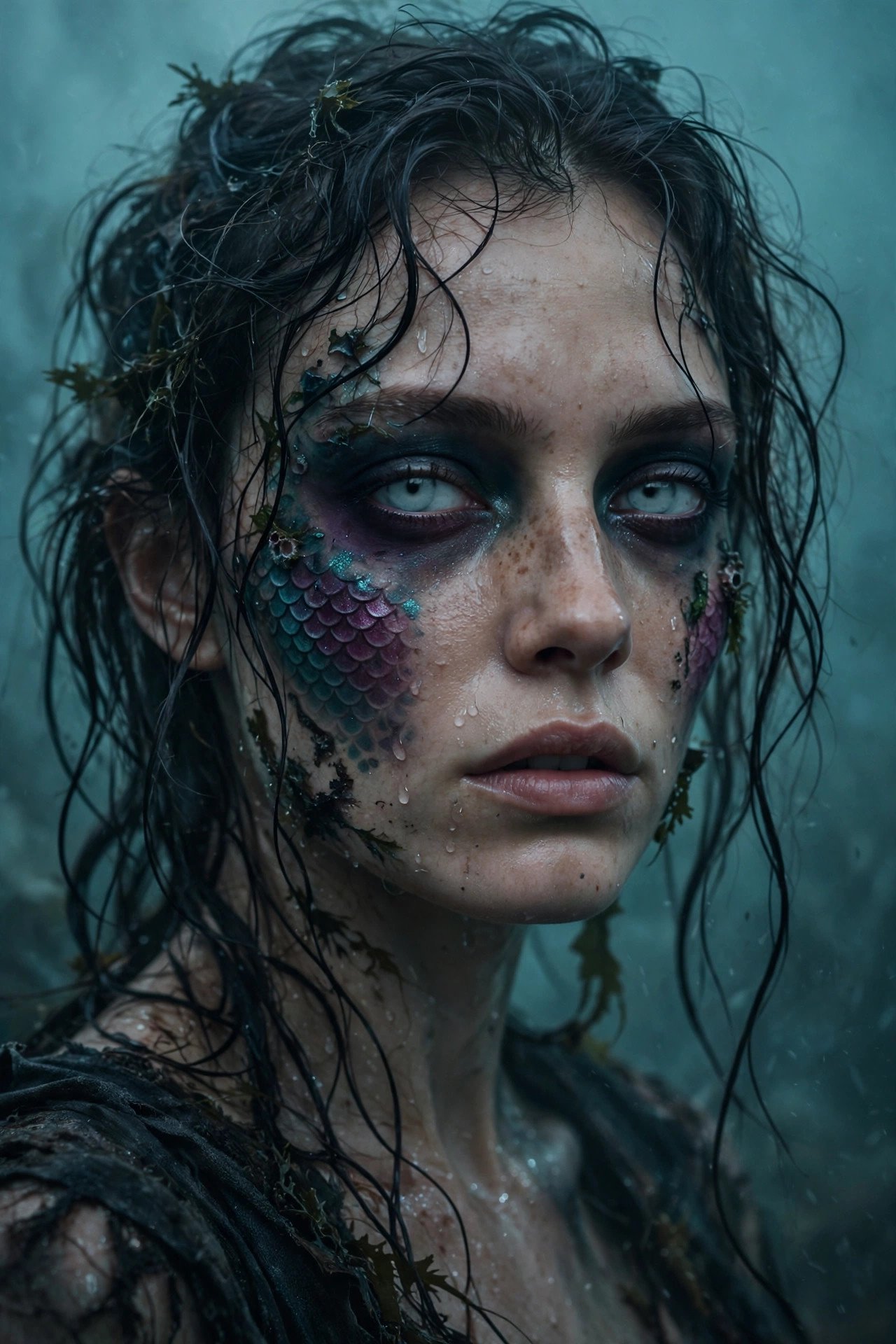 Woman in bloody shipwreck mermaid Halloween makeup with haunting eyes and wet-look dark hair in teal fog