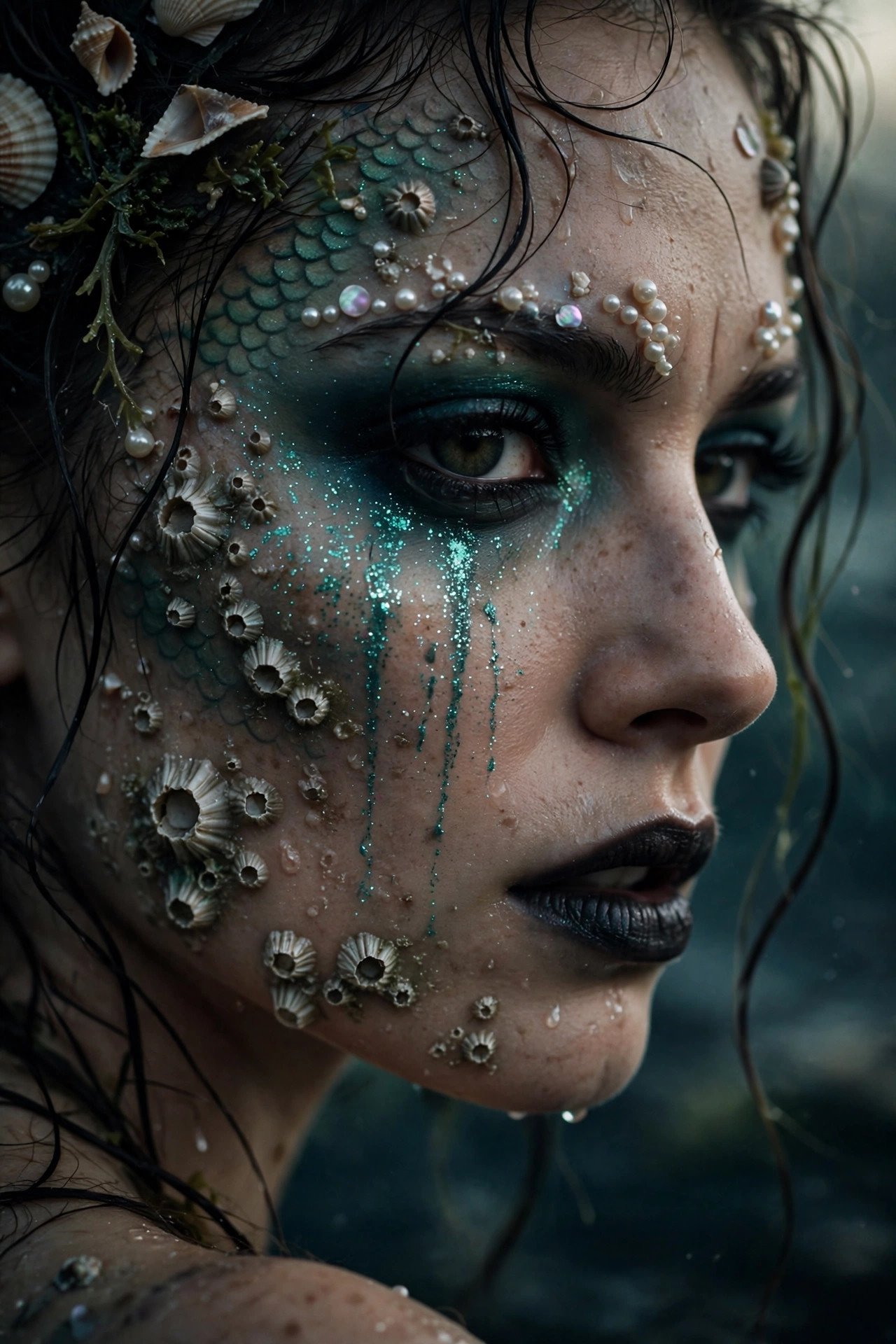 Evil mermaid Halloween makeup detail with shell and pearl accents, barnacle texture, and teal glitter