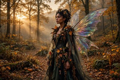 Woman in an ethereal fairy Halloween costume with iridescent wings and a flower crown in a misty forest at dusk