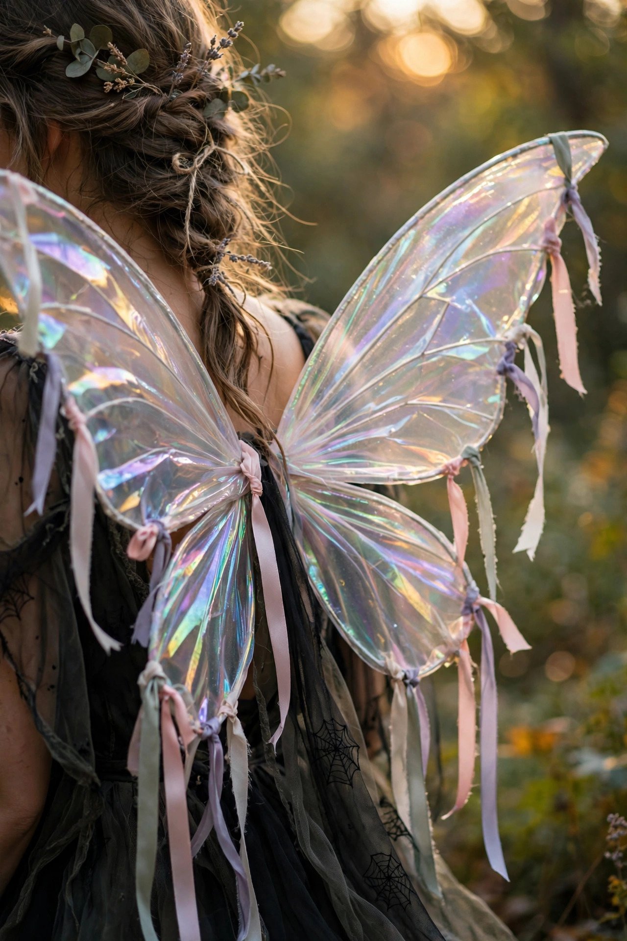 Close-up of DIY fairy wings with glitter and pastel ribbons on a woman wearing a woodland fairy Halloween costume
