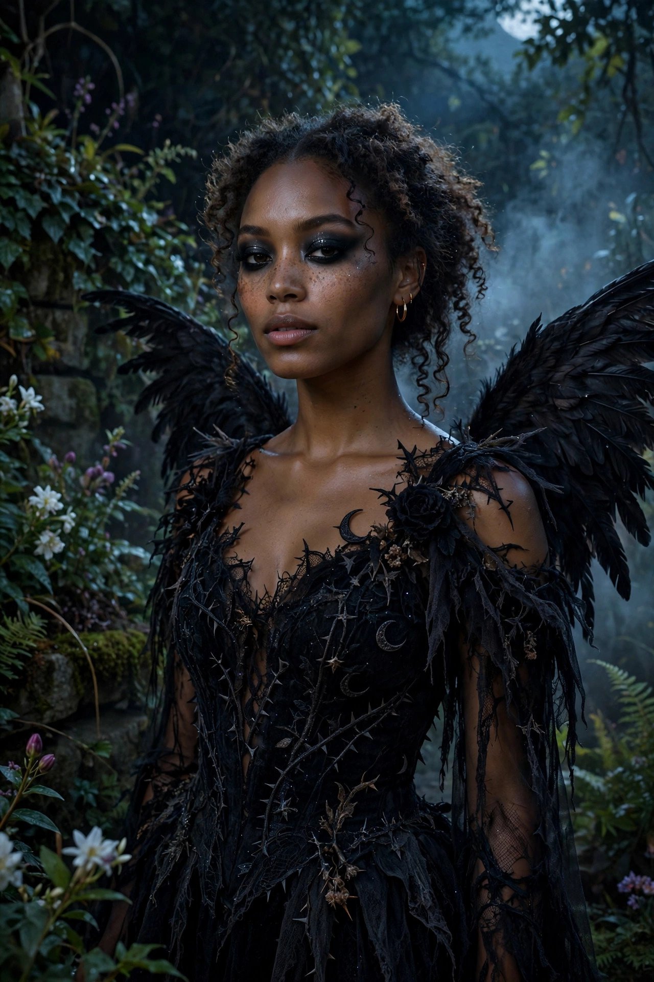 Woman in a dark enchanted fairy Halloween costume with black feathered wings and dramatic makeup under moonlight