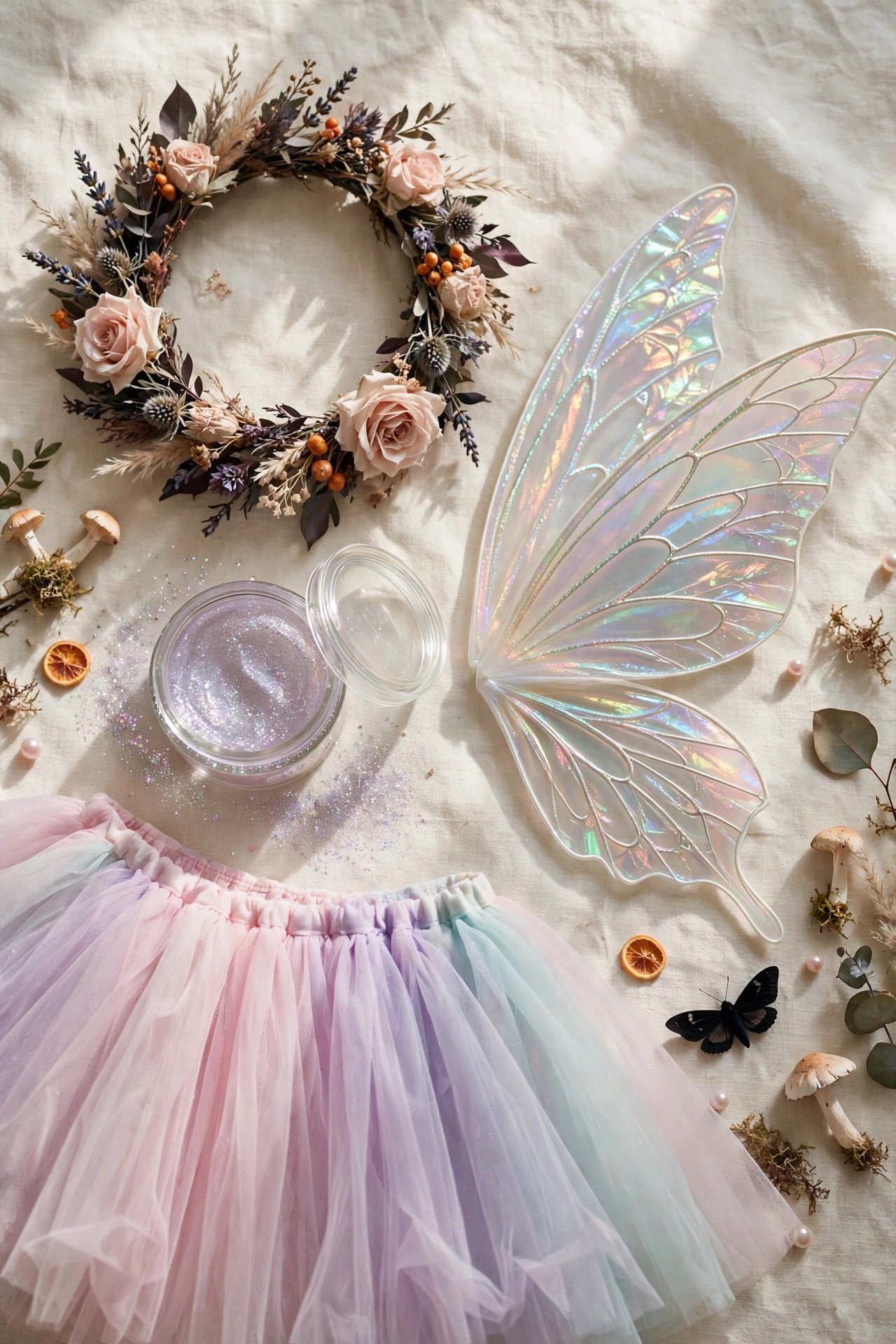 Flat lay of fairy Halloween costume accessories: flower crown, iridescent wings, glitter makeup, and a pastel tutu