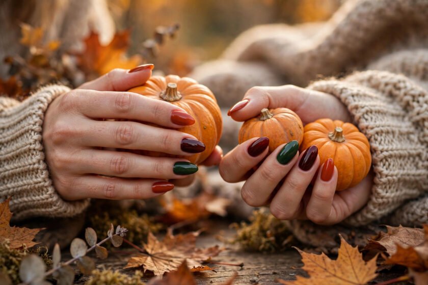 Close-up of fall nail designs in autumn shades: burnt orange, oxblood, and forest green on almond nails