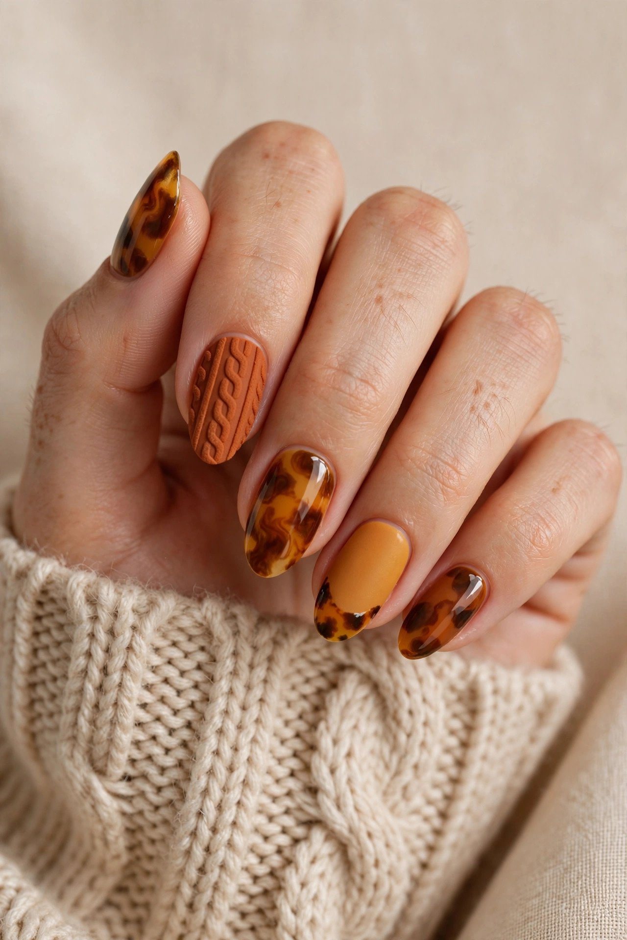 Fall nail designs with cozy sweater-knit texture and tortoiseshell accents in warm autumn shades on short nails