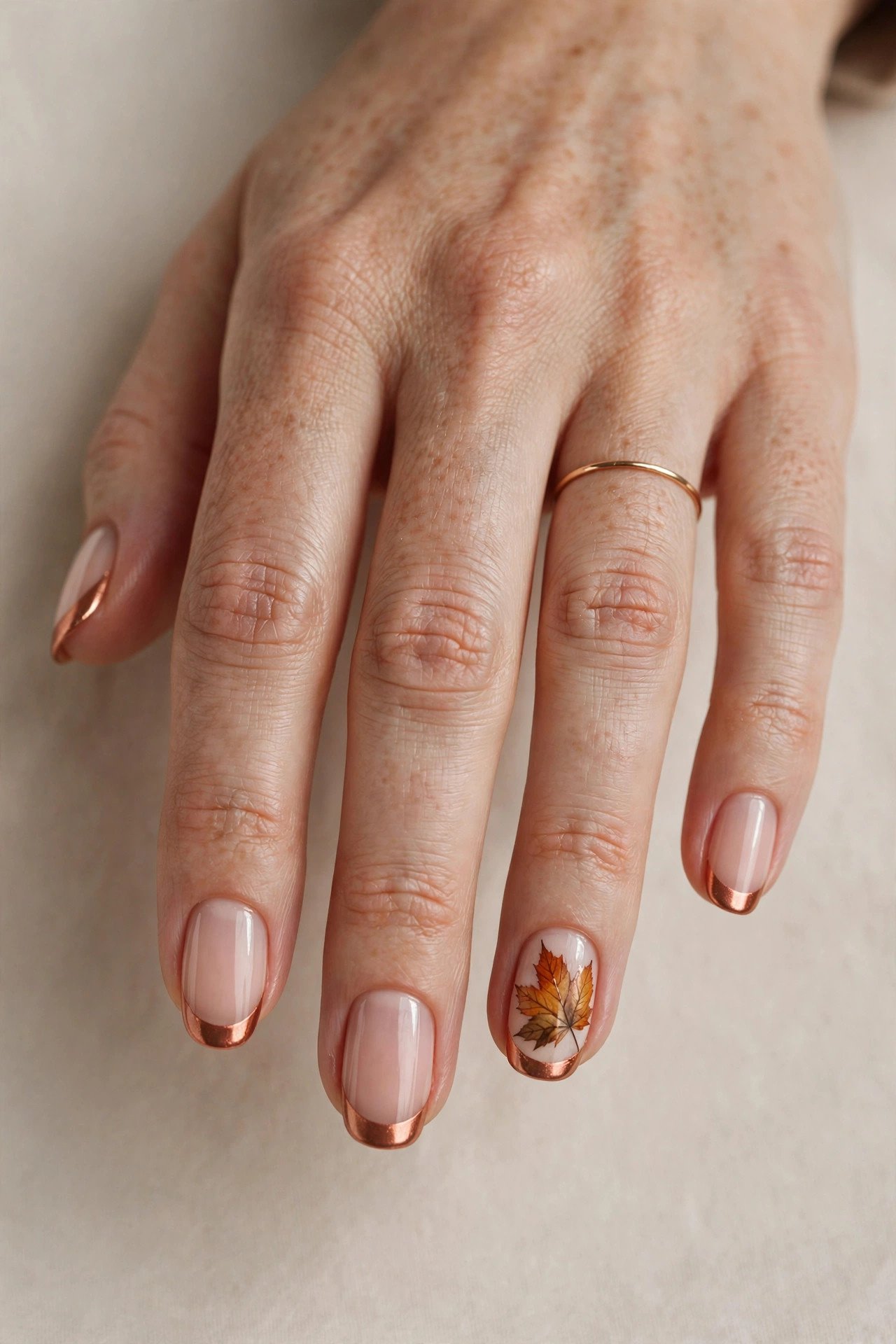 Elegant minimal fall manicure with copper tips and a single autumn leaf accent nail on a neutral background