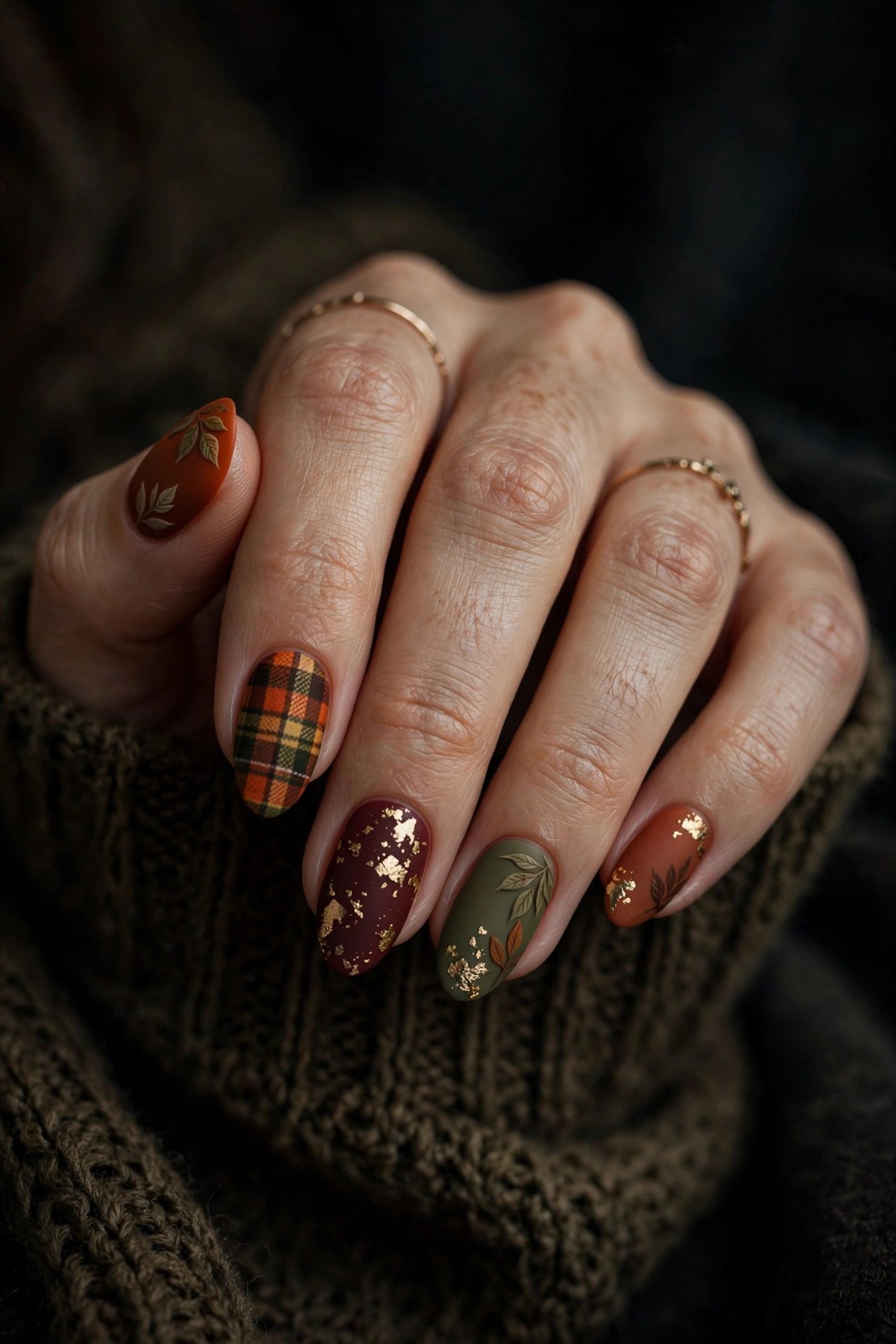 Chic fall nail designs featuring matte leaves, gold foil, and plaid patterns in autumn colors for 2026