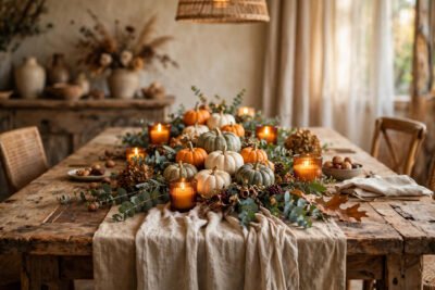 Cozy fall tablescape with a layered linen runner, pumpkin clusters, and amber candles on a wooden table