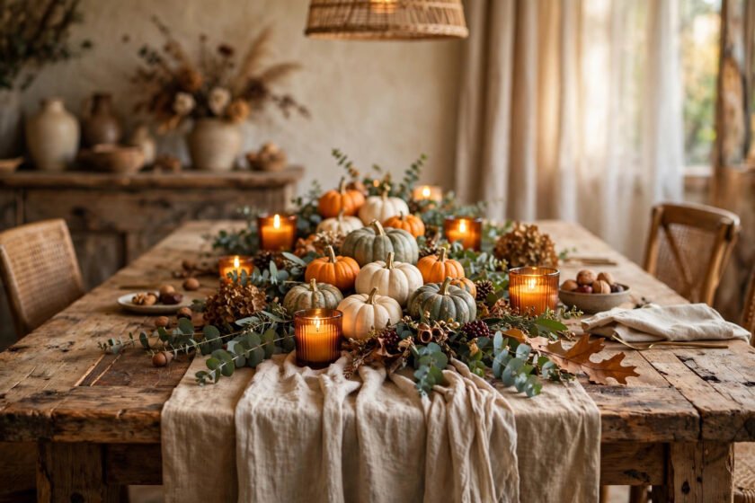 Cozy fall tablescape with a layered linen runner, pumpkin clusters, and amber candles on a wooden table