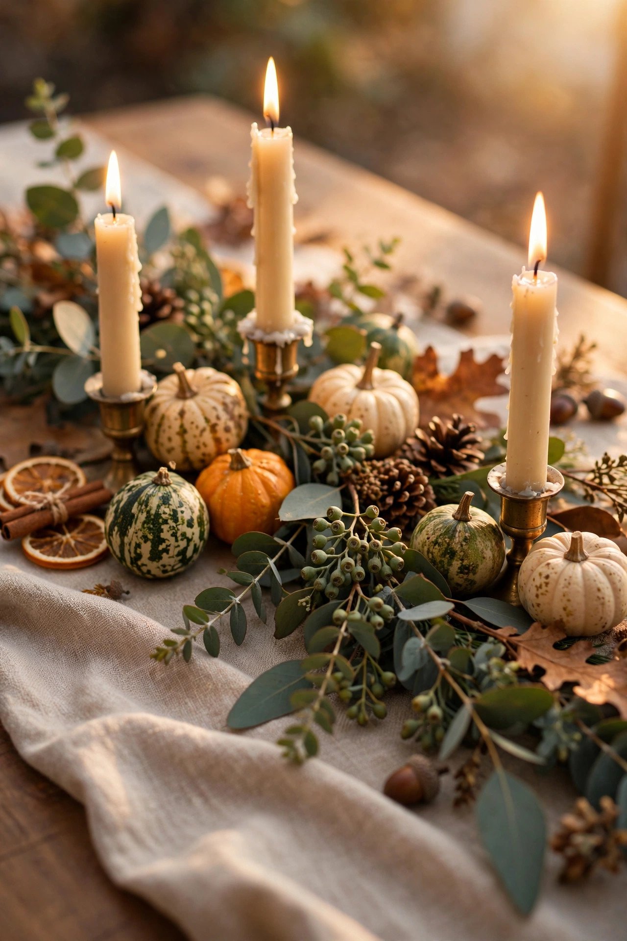 Close-up of a fall tablescape centerpiece with eucalyptus garland, mini gourds, and taper candles on linen