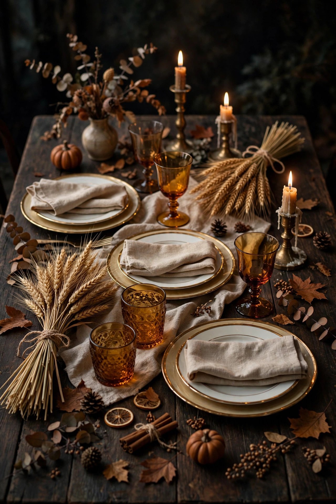 Elegant fall table decor with gold accents, wheat sheaf bundles, and a rustic harvest dinner setting