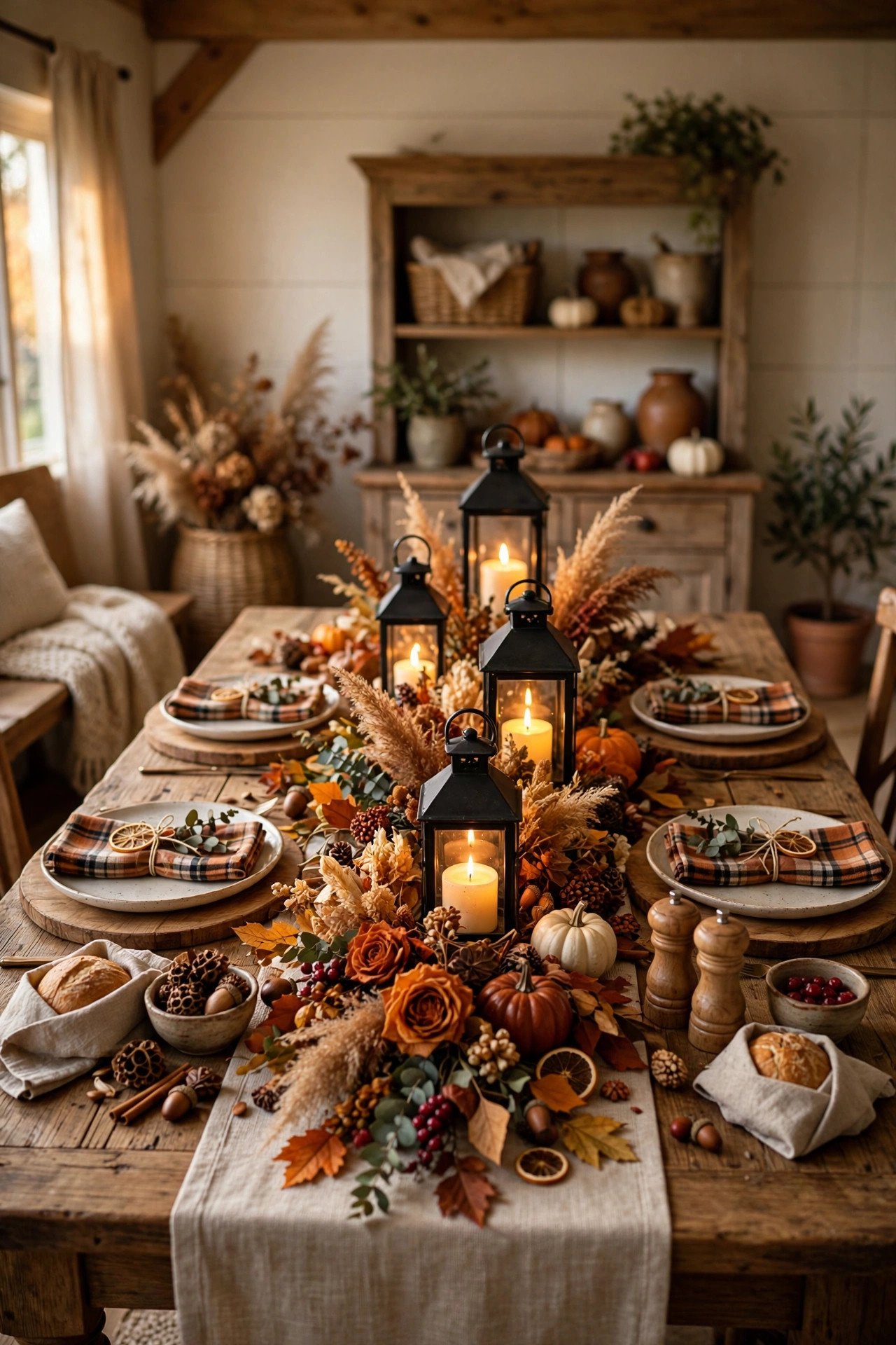 Thanksgiving fall tablescape with plaid napkins, wooden chargers, and glowing lantern centerpieces in a farmhouse
