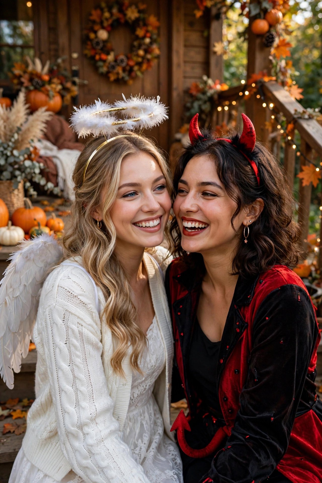 Group of women in jewel-tone witch coven costumes for Halloween night
