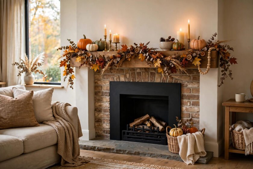 Fireplace mantel decorated for Halloween with pumpkin garland, black taper candles and ghost figurines