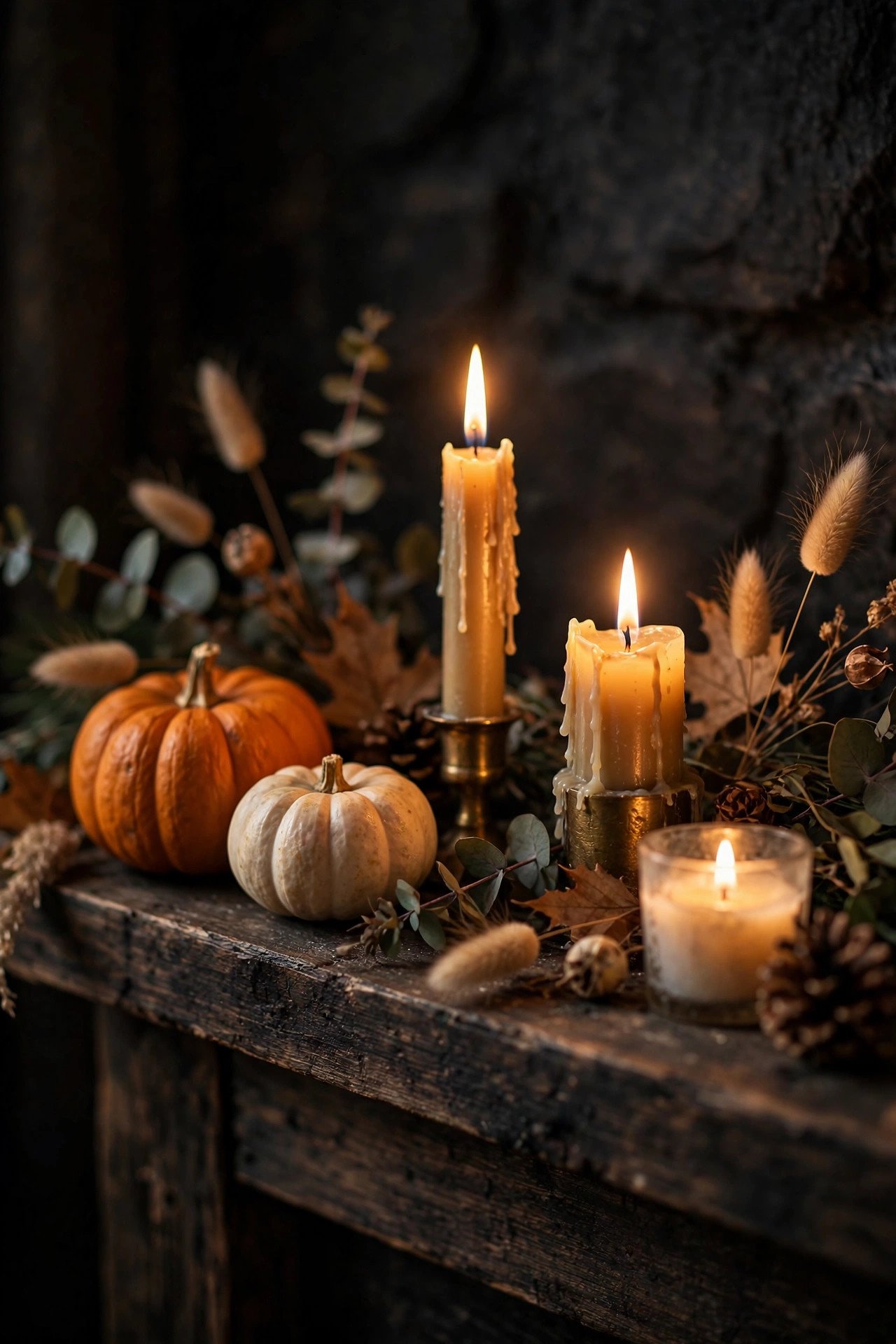 Close-up of Halloween mantel decor with apothecary jars, mini witch hats and fairy lights
