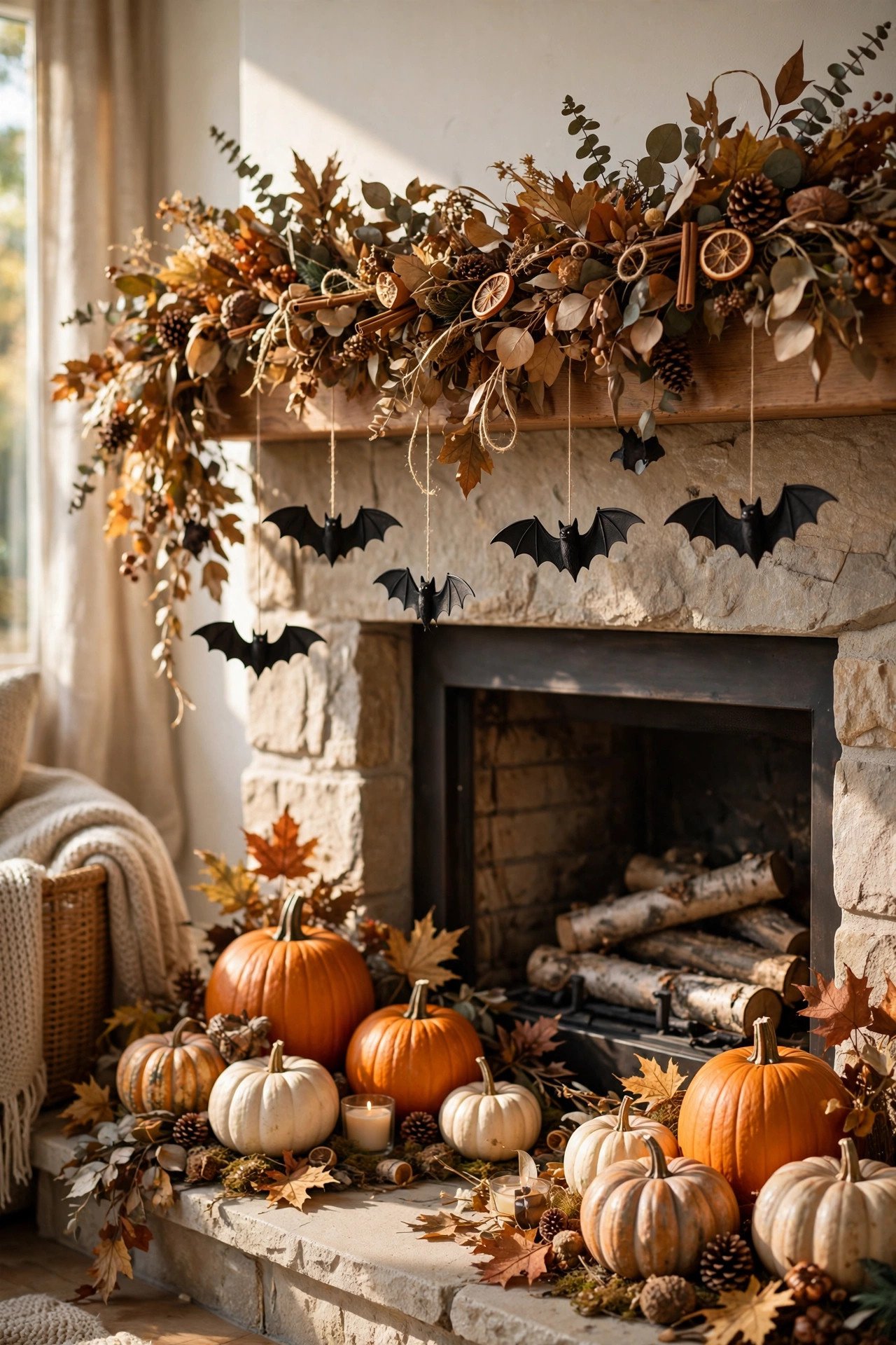 Living room with Halloween throw pillows, spiderweb runner and eucalyptus pumpkin centerpiece