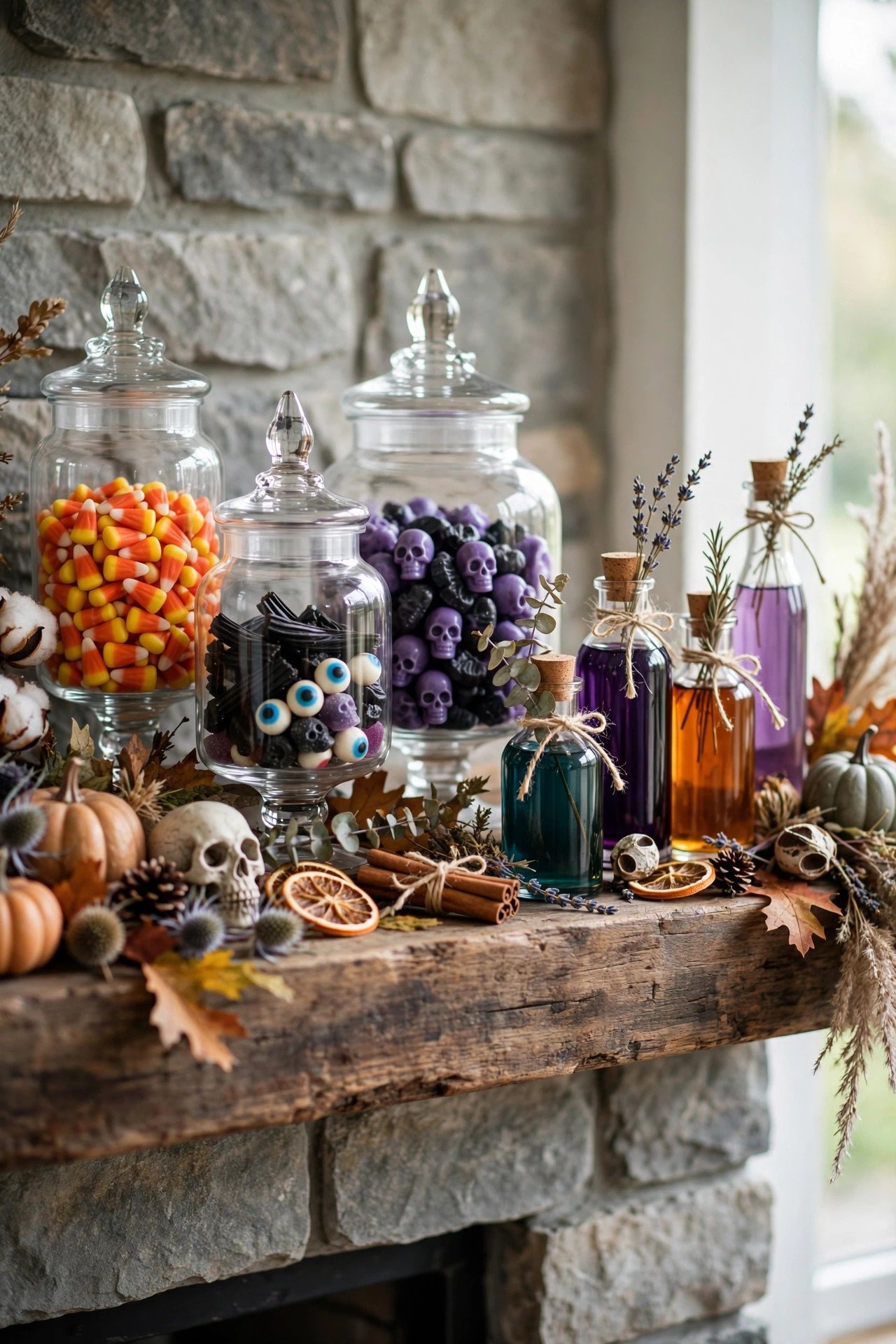 Black metal lanterns and crow figurines flanking a fireplace with Halloween mantel decor