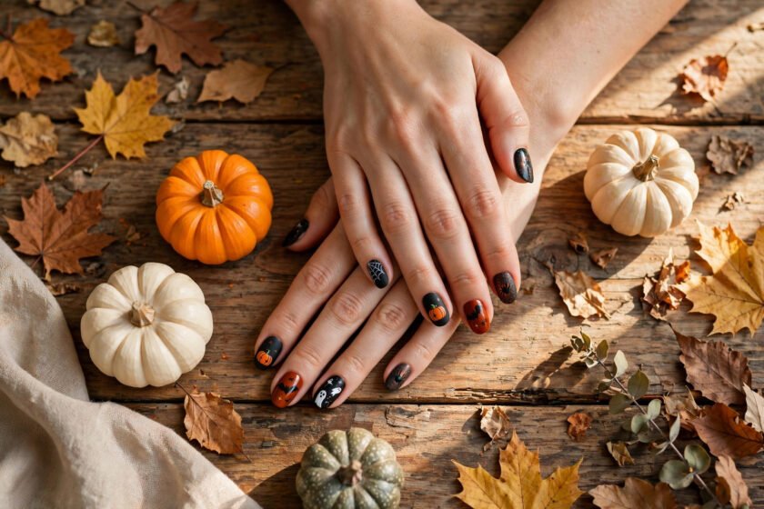 Close-up of Halloween nail designs: ghost tips, pumpkin art, and spiderweb accents on long almond nails