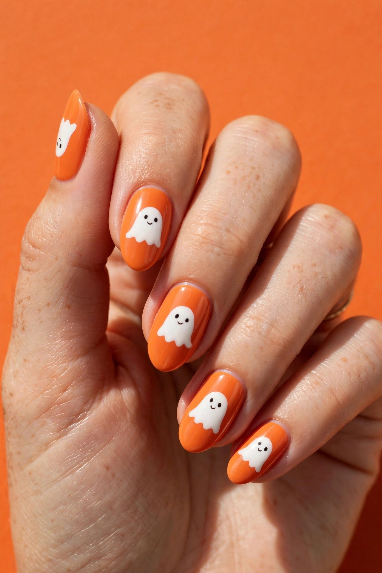 Flat lay of Halloween nail designs with black cat silhouettes and jack-o'-lantern faces on orange nails
