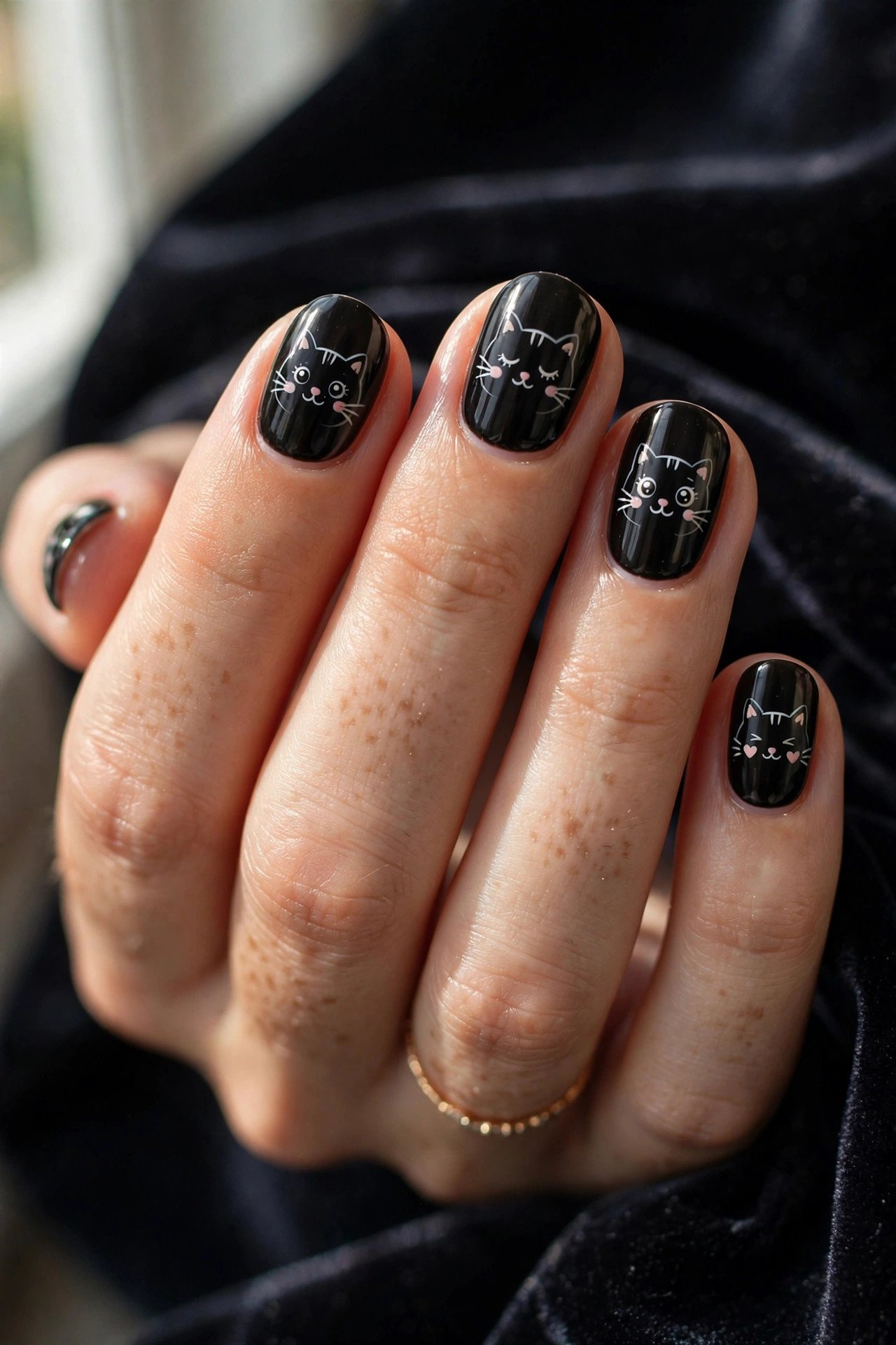 Hand holding a small pumpkin showing bloody French tip Halloween nail designs with red drip details