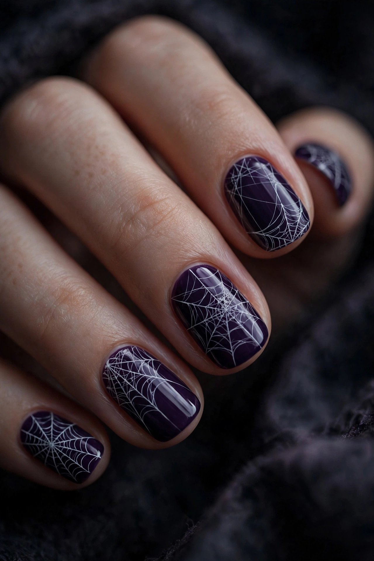 Side view of midnight moon and stars Halloween nail designs in navy polish with gold glitter