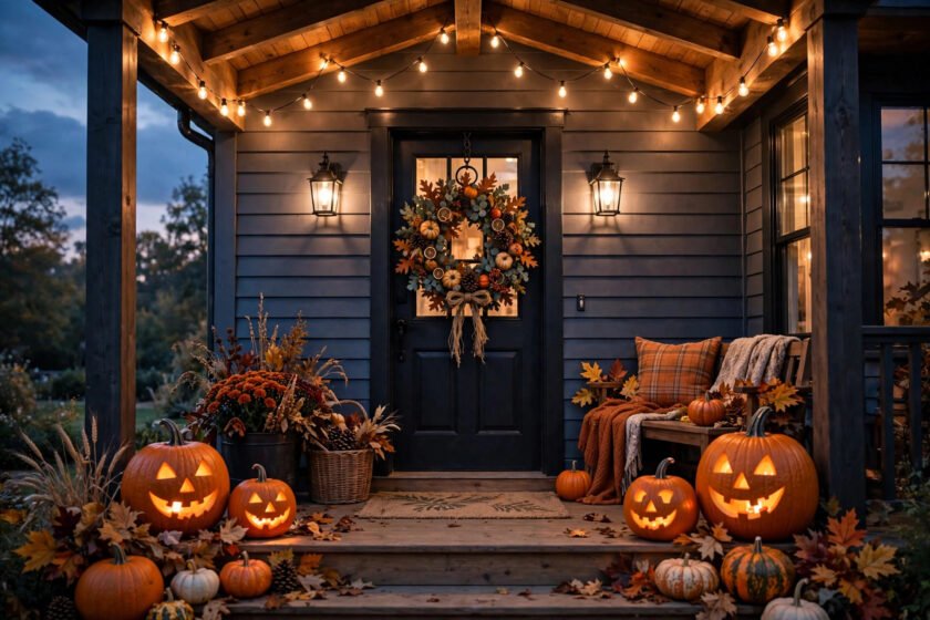 Front porch decorated for Halloween with pumpkin clusters, lanterns and fall garland