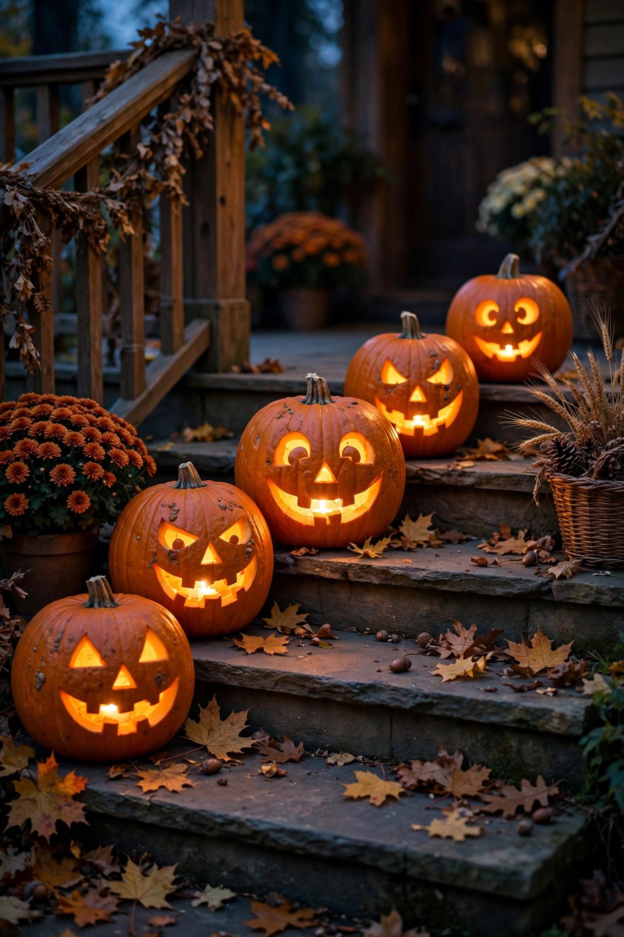 Halloween porch with giant spiderweb, hanging ghosts and orange string lights