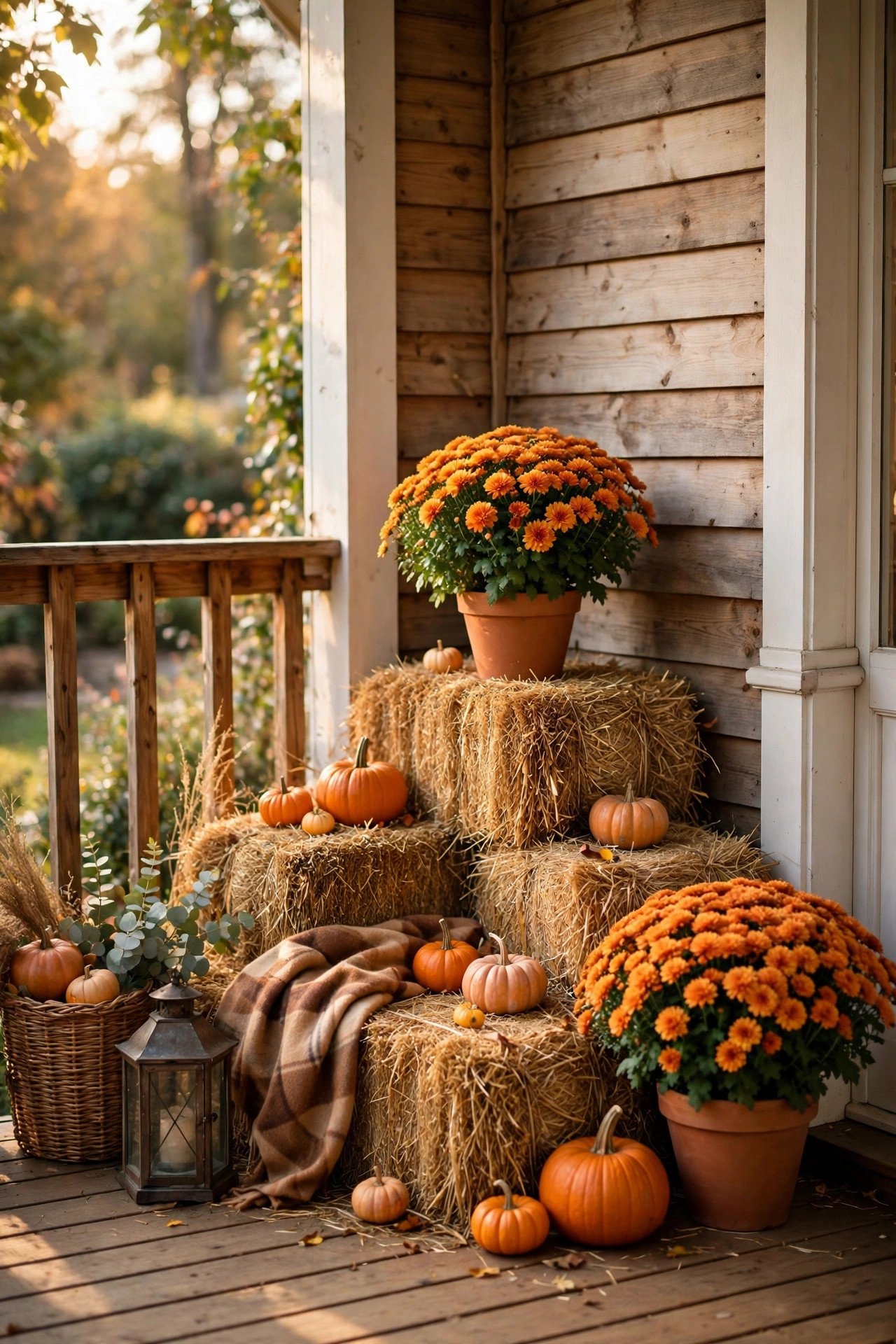 Front door Halloween decor with black wreath, bats and layered doormats