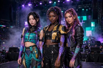 Three women in HUNTR/X KPop Demon Hunters costumes with stage outfits and purple-streaked hair performing