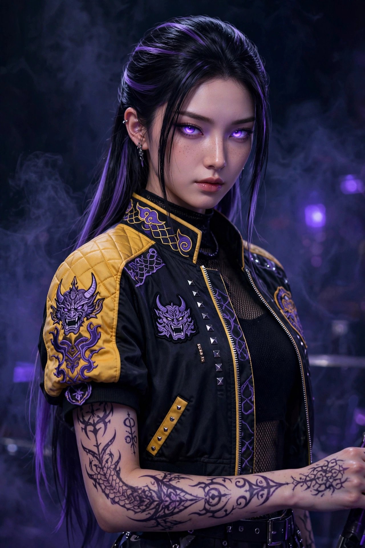 Woman in a Rumi KPop Demon Hunters costume with demon-pattern markings on her arm and glowing eyes on stage