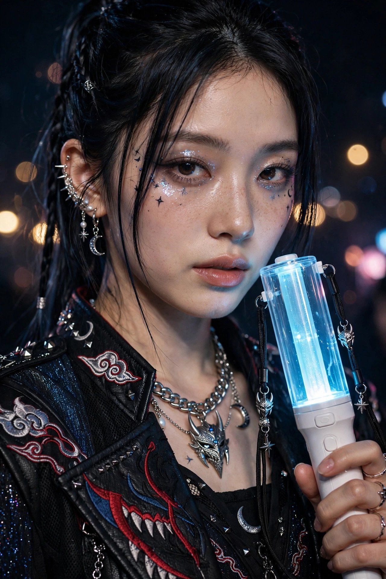 Close-up of KPop Demon Hunters costume details: lightstick prop, stage makeup, and idol-style accessories