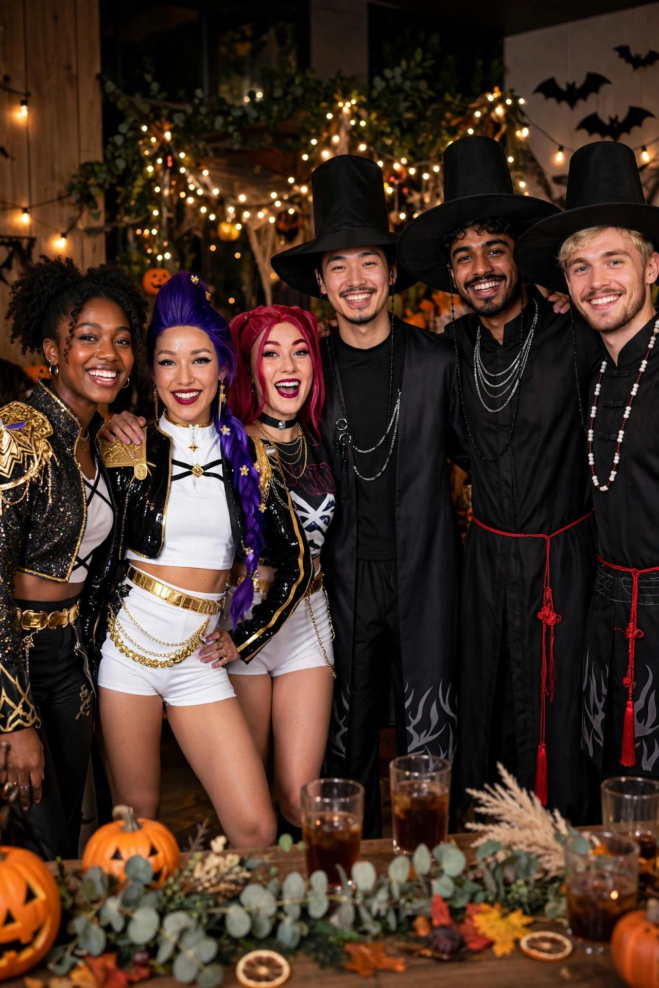 Group of friends in Saja Boys and HUNTR/X KPop Demon Hunters costumes at a Halloween party with festive lights