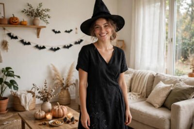 Woman in a classic black cat last-minute Halloween costume with cat ears and whisker makeup