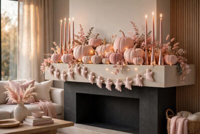 Pink Halloween decor mantel with blush pumpkins, rose-gold taper candles, and a pink ghost garland in a chic living room