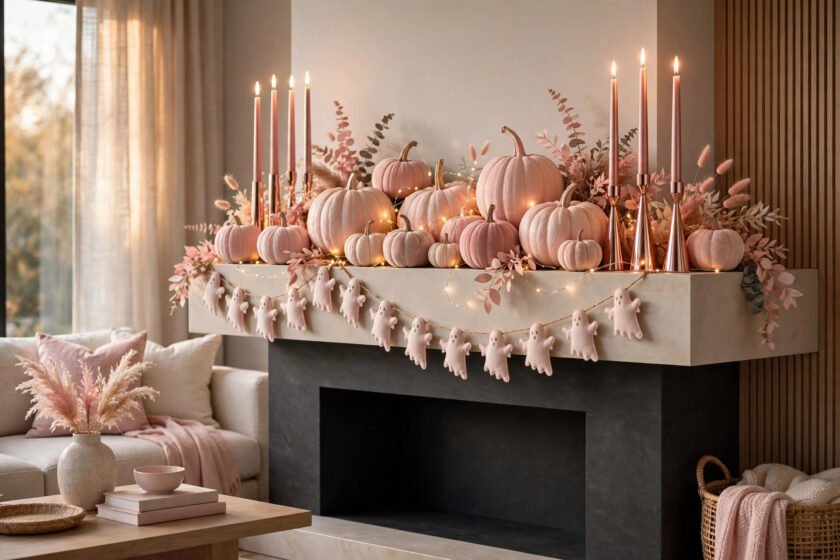 Pink Halloween decor mantel with blush pumpkins, rose-gold taper candles, and a pink ghost garland in a chic living room