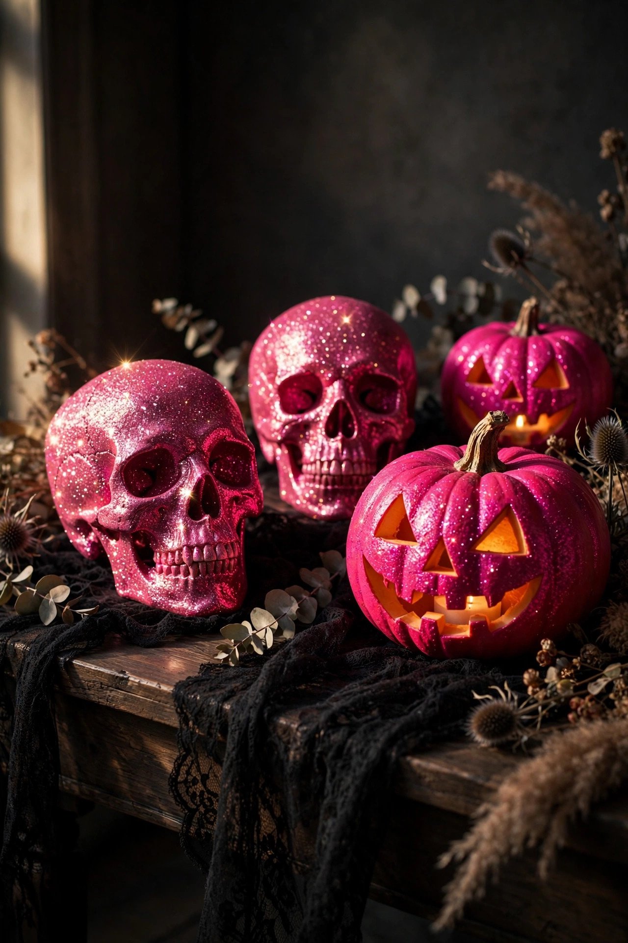 Close-up of pink glitter skulls and hot pink jack-o-lanterns styled with black lace for Halloween on a console table