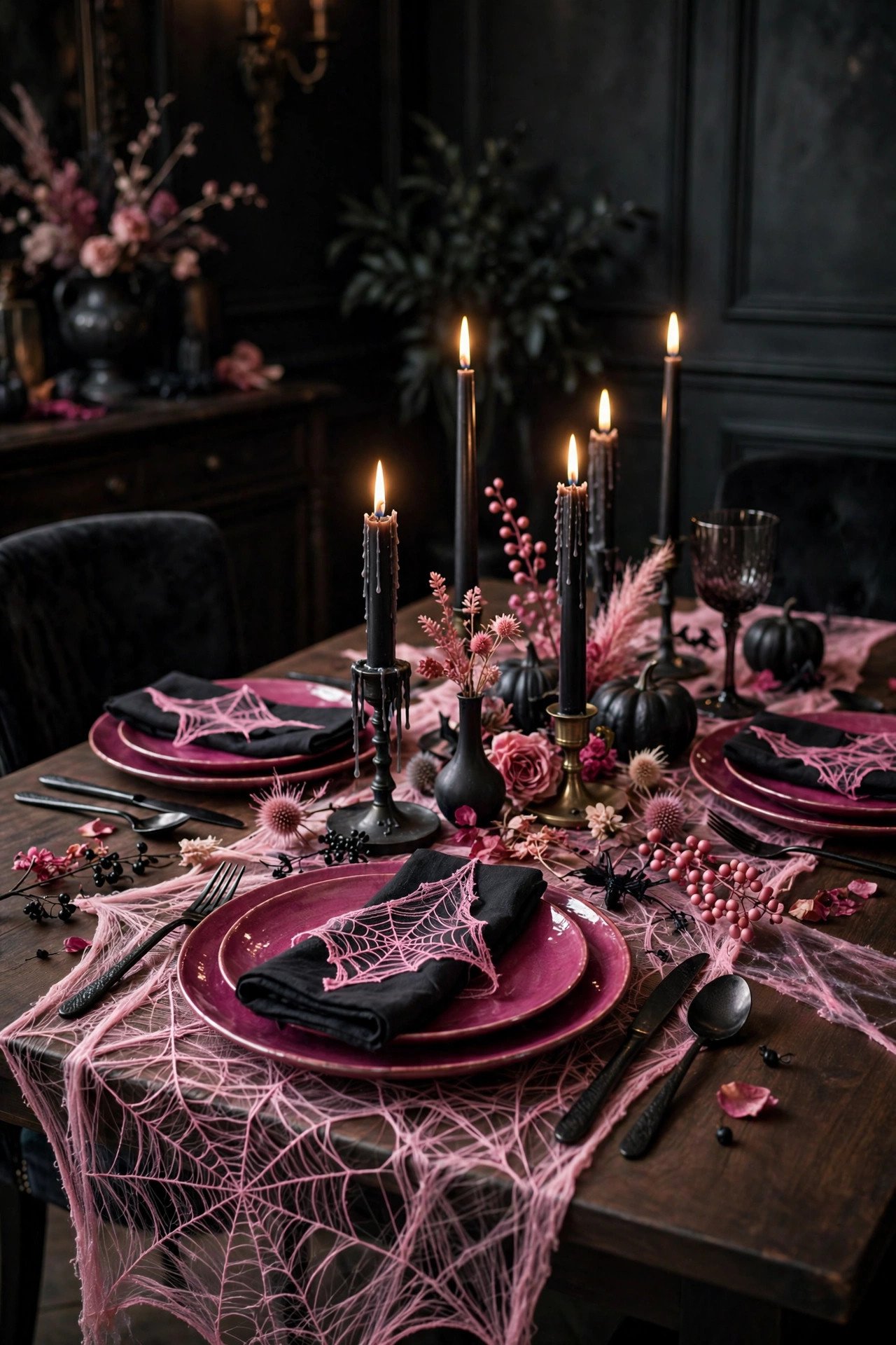Pink and black Halloween table setting with magenta plates, black candles, and pink spiderweb accents