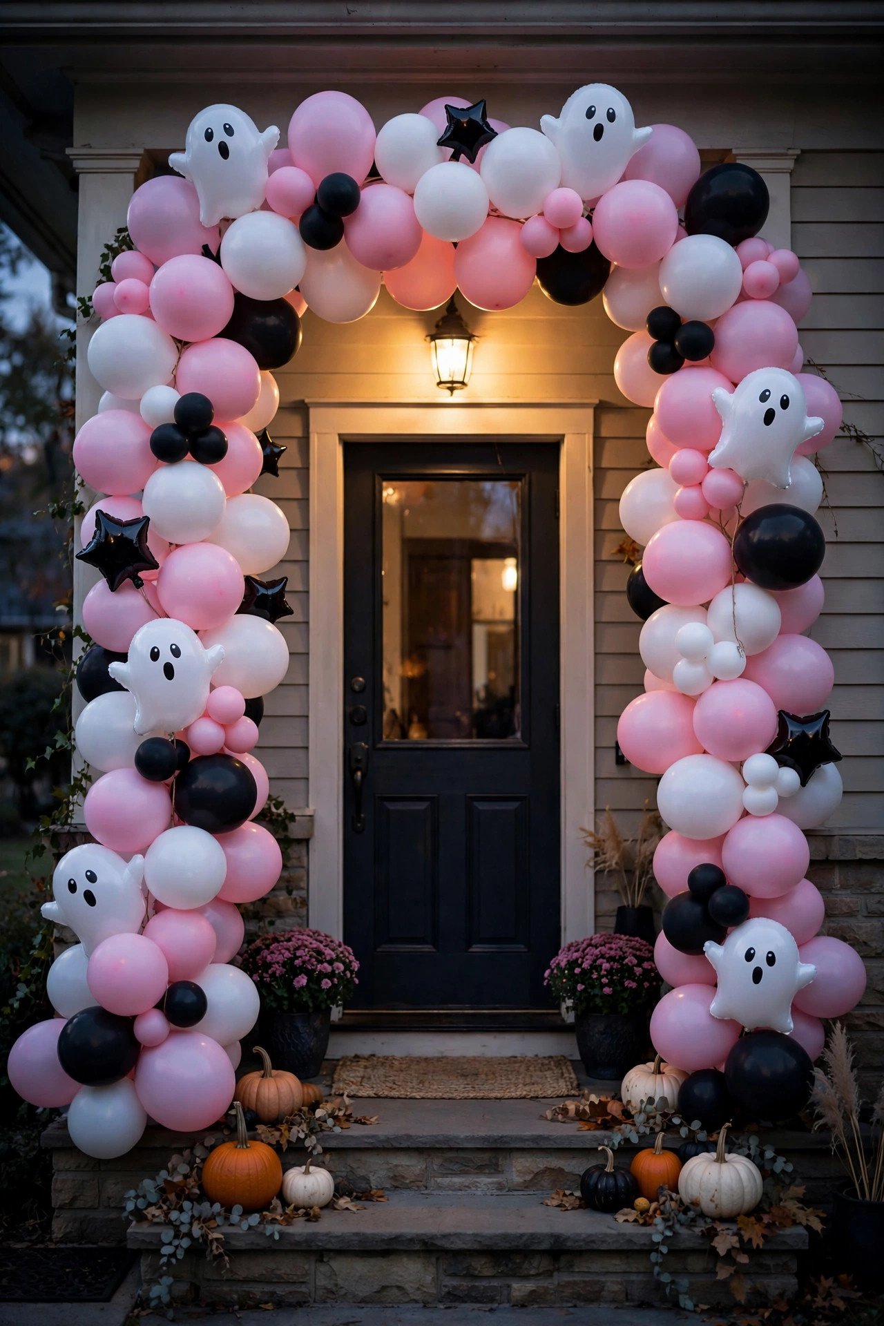 DIY pink Halloween balloon ghost arch with pastel balloons framing a front porch doorway at dusk with warm lights