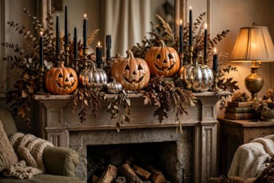 Vintage Halloween decor mantel with retro ceramic jack-o-lanterns, mercury glass pumpkins, and aged black taper candles