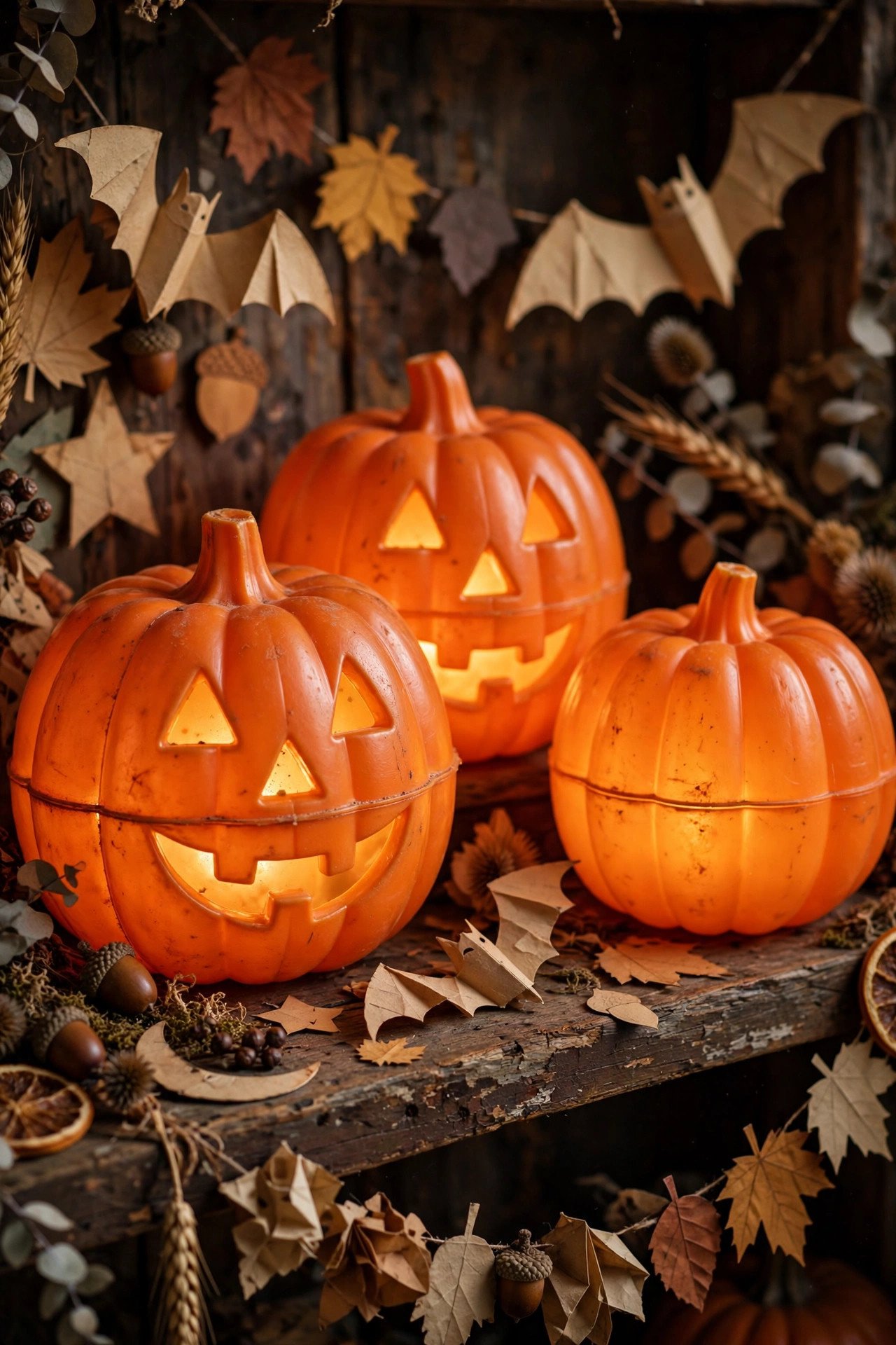 Close-up of retro blow-mold pumpkins and vintage paper Halloween decorations glowing softly on a wooden shelf