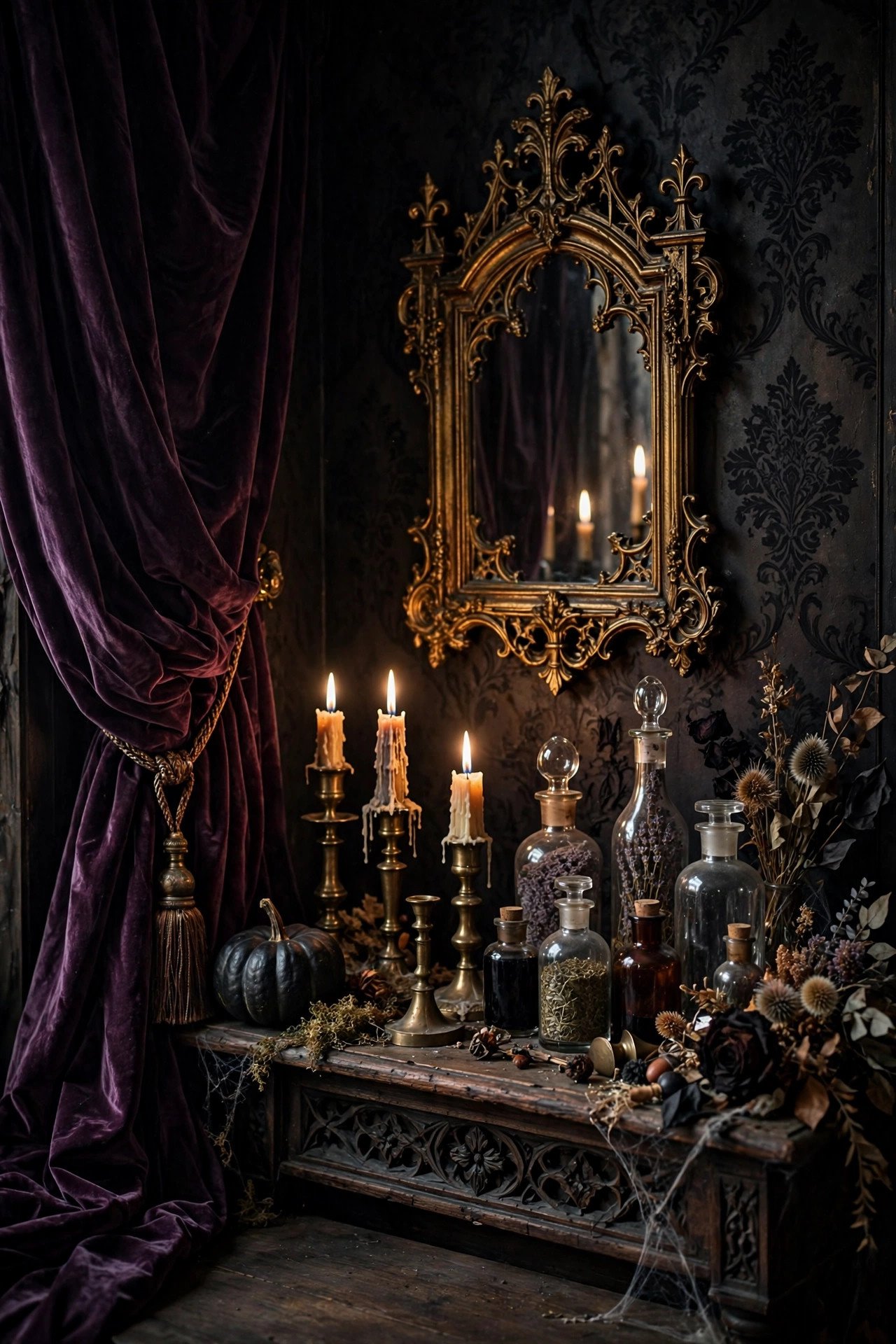Victorian gothic Halloween decor with velvet drapes, antique candlesticks, and vintage apothecary bottles