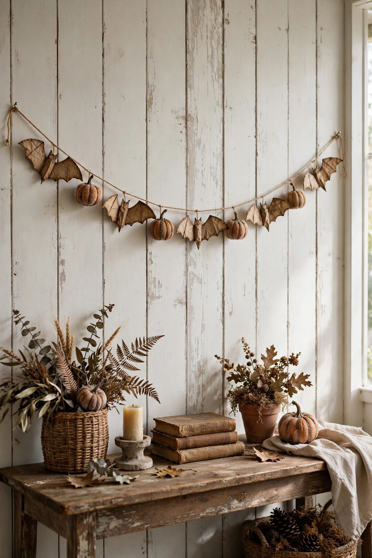 DIY vintage-style Halloween garland with aged paper bats and distressed pumpkins hanging on a farmhouse wall