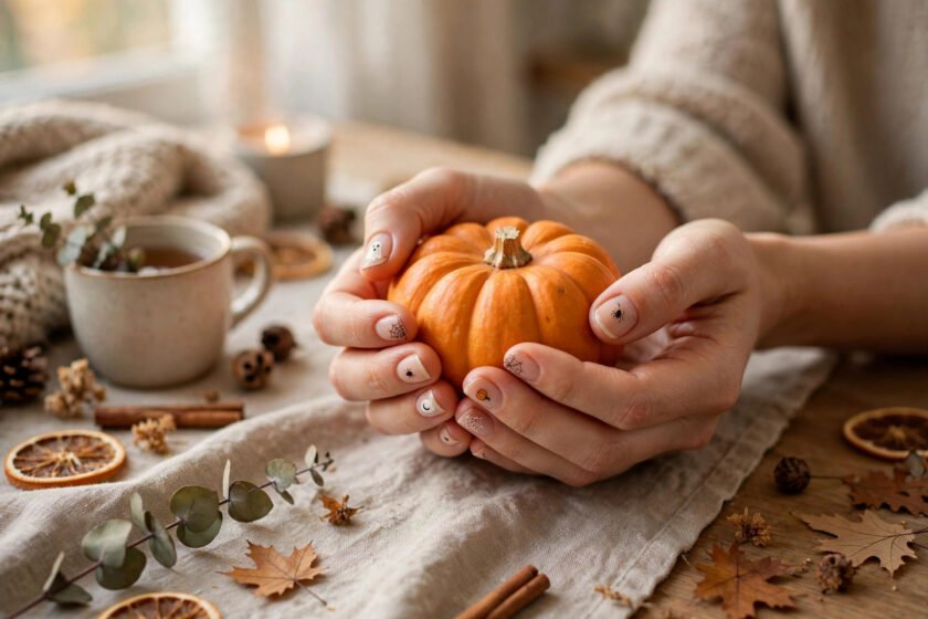 Collage of 15 short Halloween nail designs including tiny ghosts, micro pumpkins and black French tips on natural nails