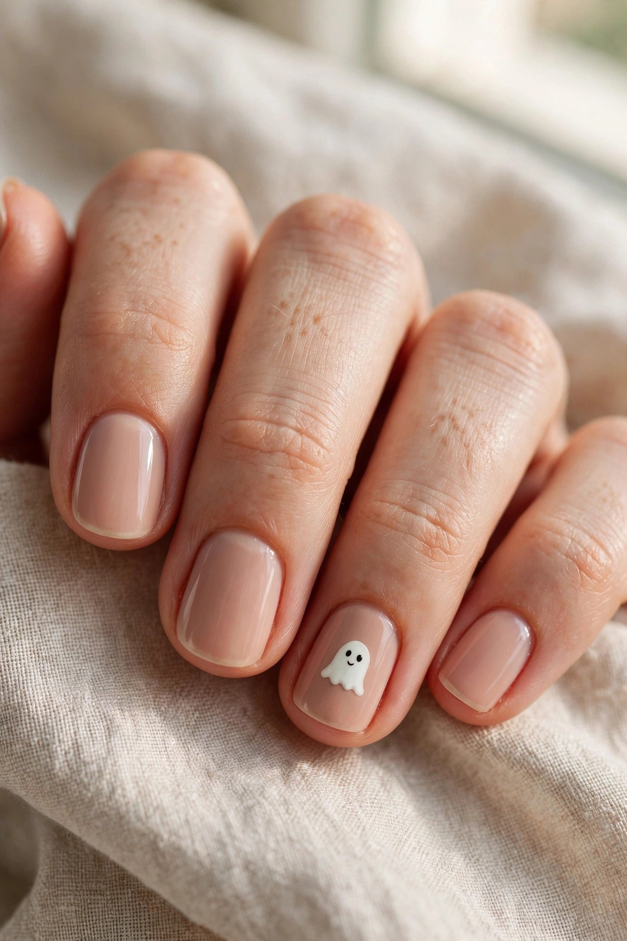 Close-up of tiny white ghost nail art on short nude Halloween nails