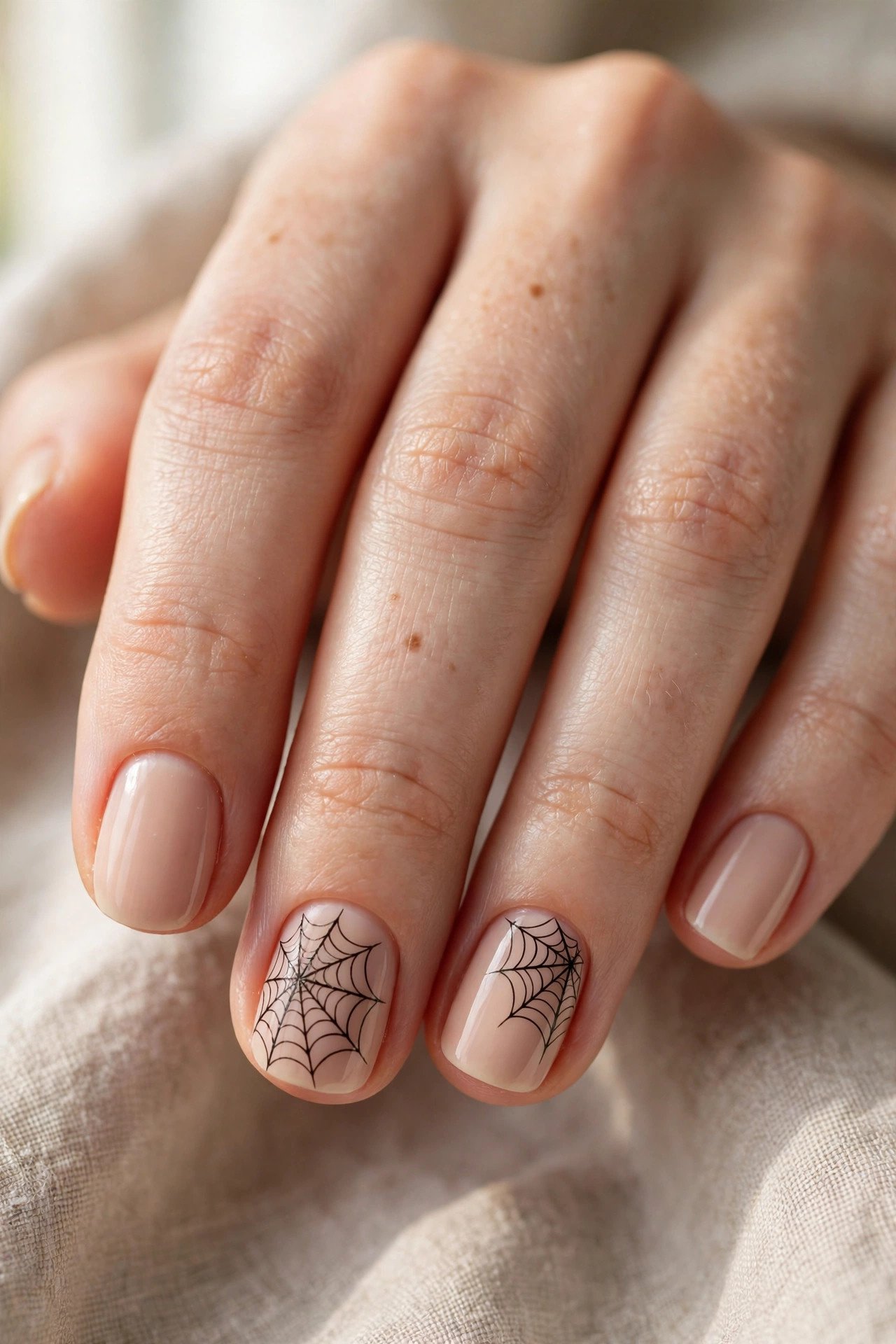 Short black French tip Halloween nails with matte finish, side angle