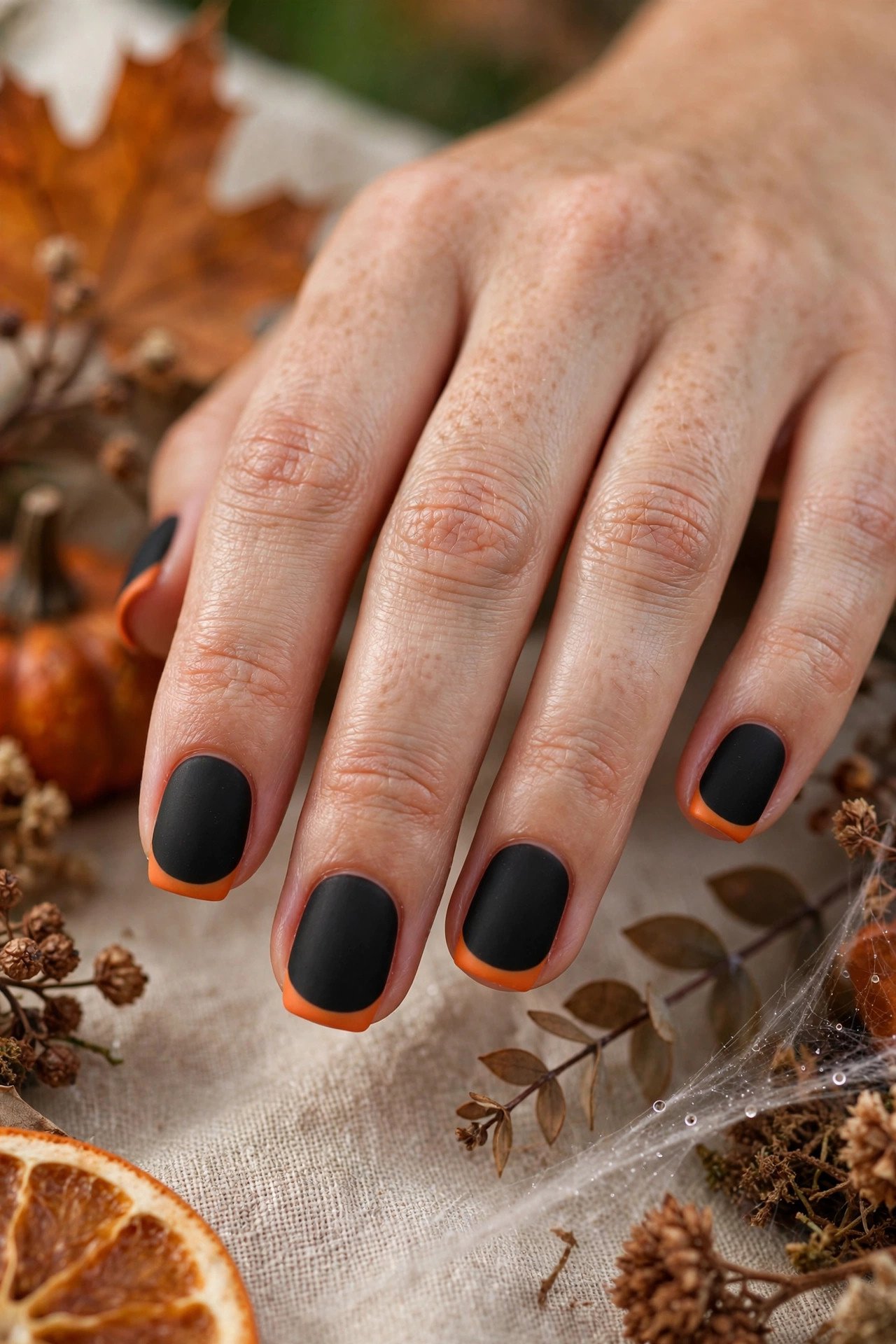Flat lay of short Halloween nails with micro pumpkin and spiderweb accent designs