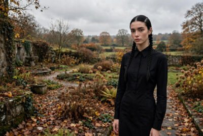 Woman with a Wednesday Addams braids hairstyle, two sleek dark pigtail braids with a sharp center part